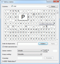 Tablica znaków w systemie Windows7 (widok zaawansowany)